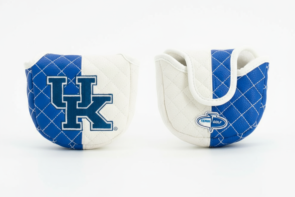 Blue and white golf club cover with Kentucky logo on a white background