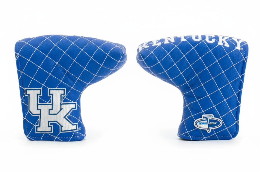Two blue golf club head covers with a grid pattern and logo on a white background