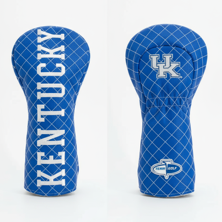 Two blue golf club head covers with 'Kentucky' text and logo on a white background