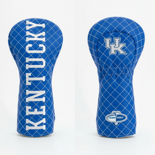 Two blue golf club head covers with 'Kentucky' text and logo on a white background