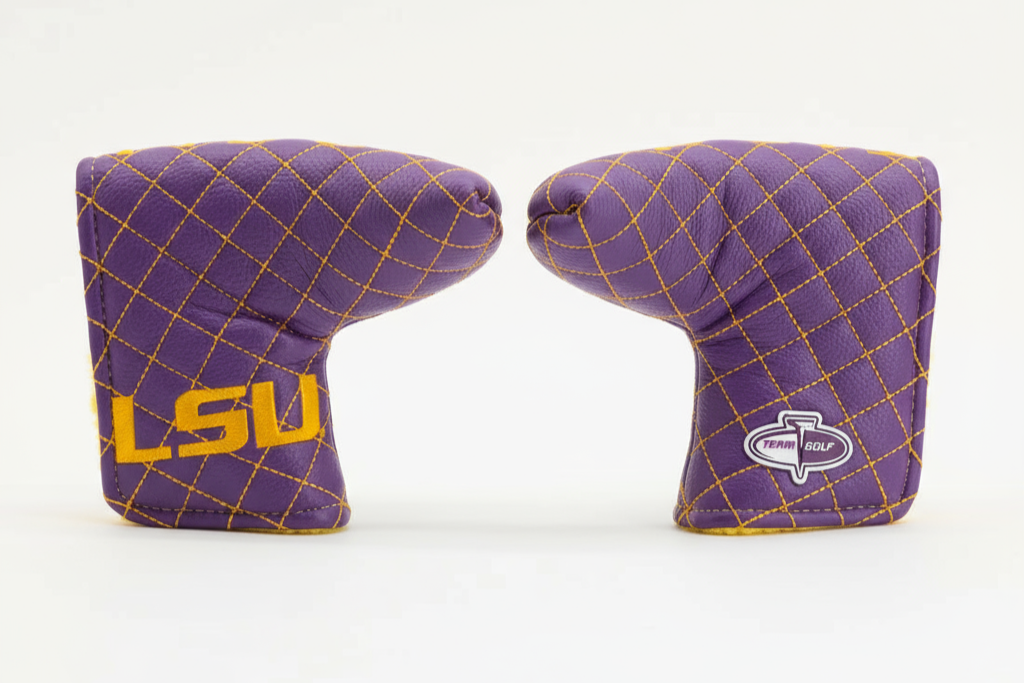 Two purple golf club covers with LSU logo on a white background