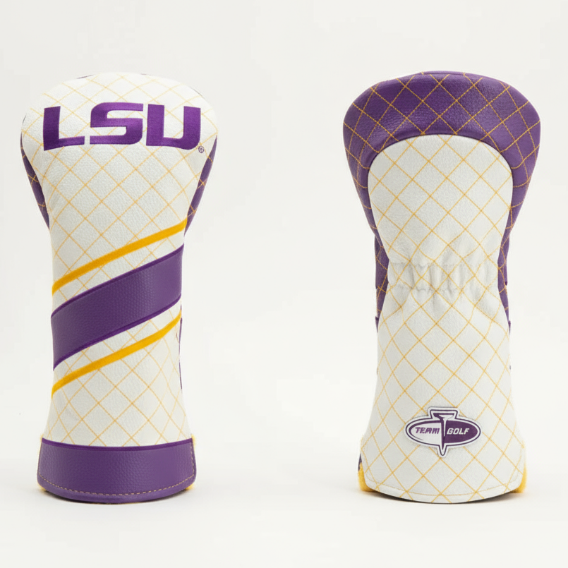 Golf club head covers with LSU logo on a white background