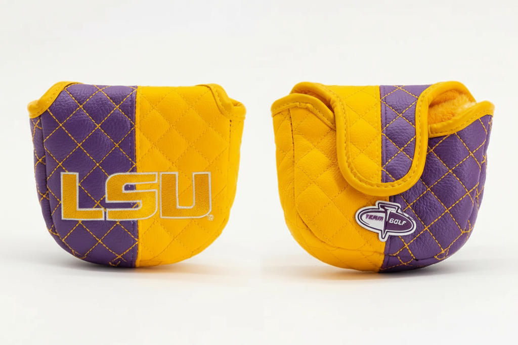 Purple and yellow golf club covers with LSU logo on a white background