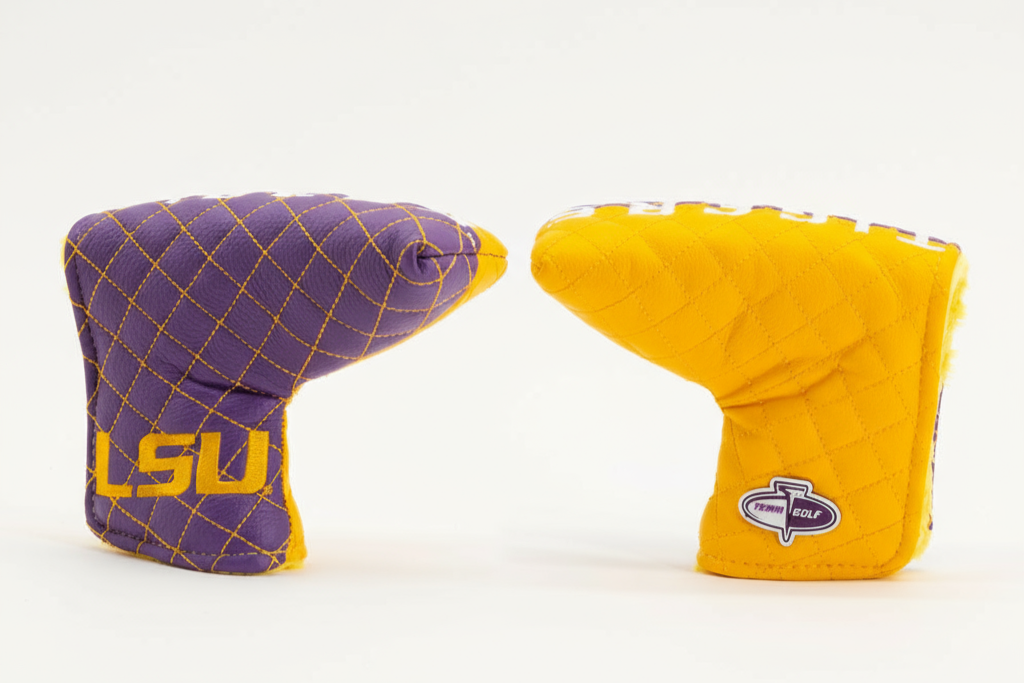 Purple and yellow golf club covers with LSU logo on a white background