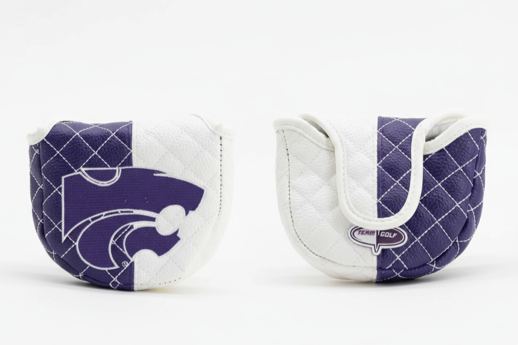 Two purple and white golf club covers with a logo on a white background