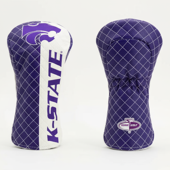 Two purple and white golf club head covers with K-State logo on a light gray background