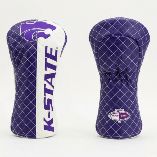 Two purple and white golf club head covers with K-State logo on a light gray background