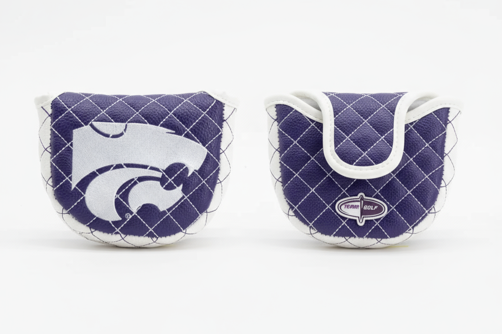 Two purple and white quilted pouches with logos on a white background