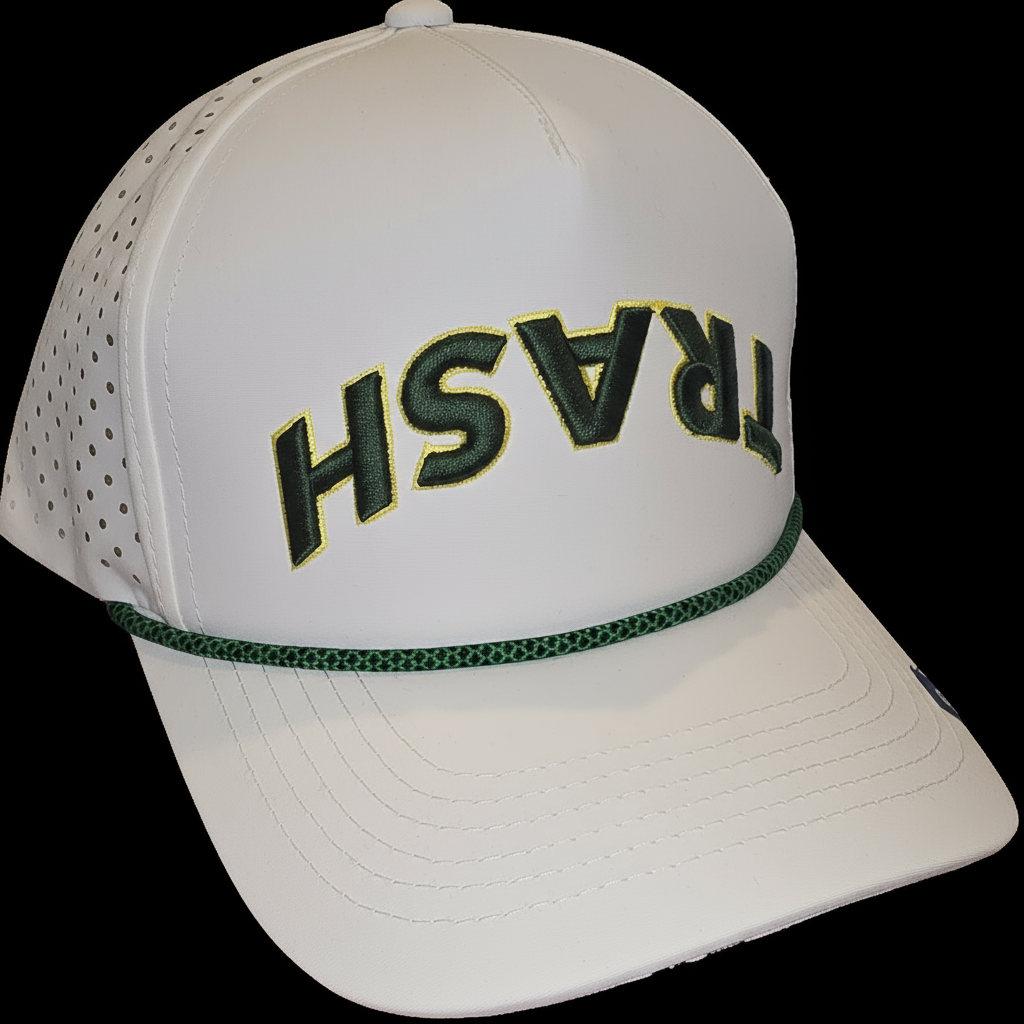 White cap with 'TRASH' text on a black background