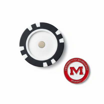 Black and white circular object with a red and white logo on a white background