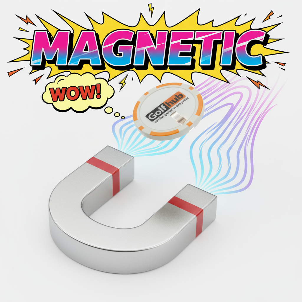 Magnetic U-shaped object with colorful text and graphics on a white background