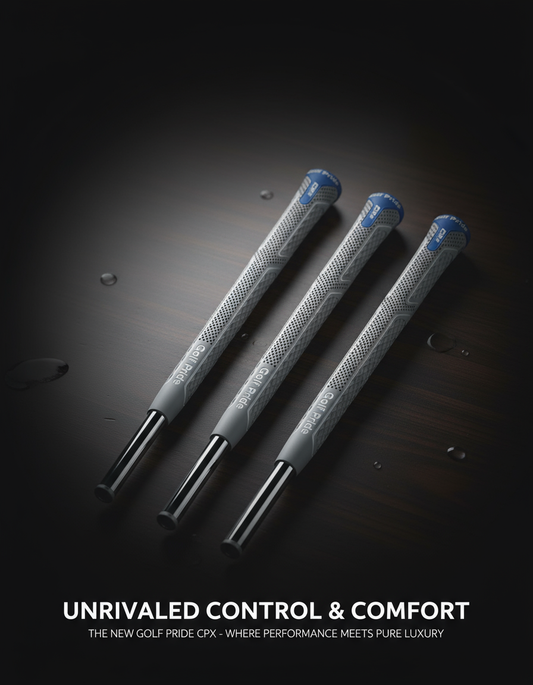 Three golf grips with textured design on a dark surface, featuring text about Golf Pride CPX.