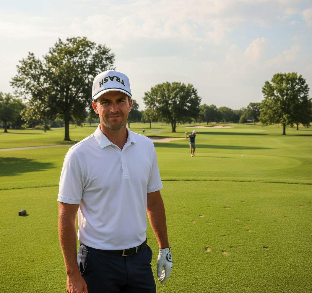 Man in golf attire on a golf course with trees in the background