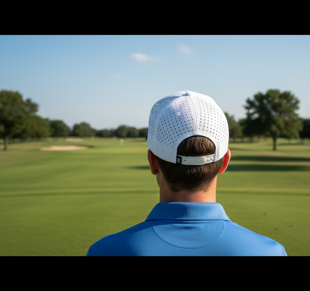 Person wearing a white cap and blue shirt on a golf course