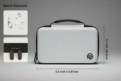 White carrying case with black handle and visible brand logo, shown with dimensions and splash resistance indicators on a gray background.