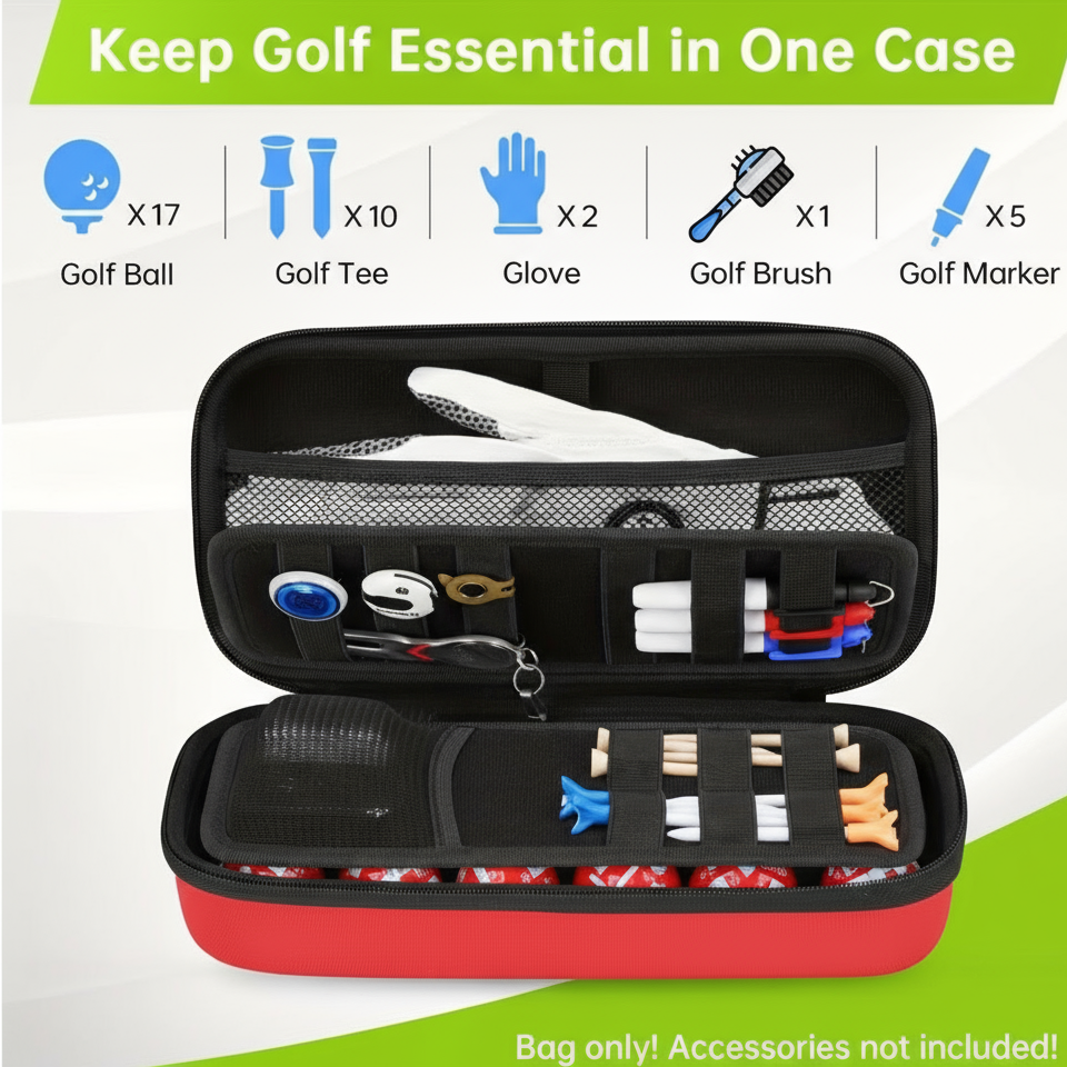 Golf case with accessories including golf ball, tee, glove, brush, and marker, with text indicating quantity.