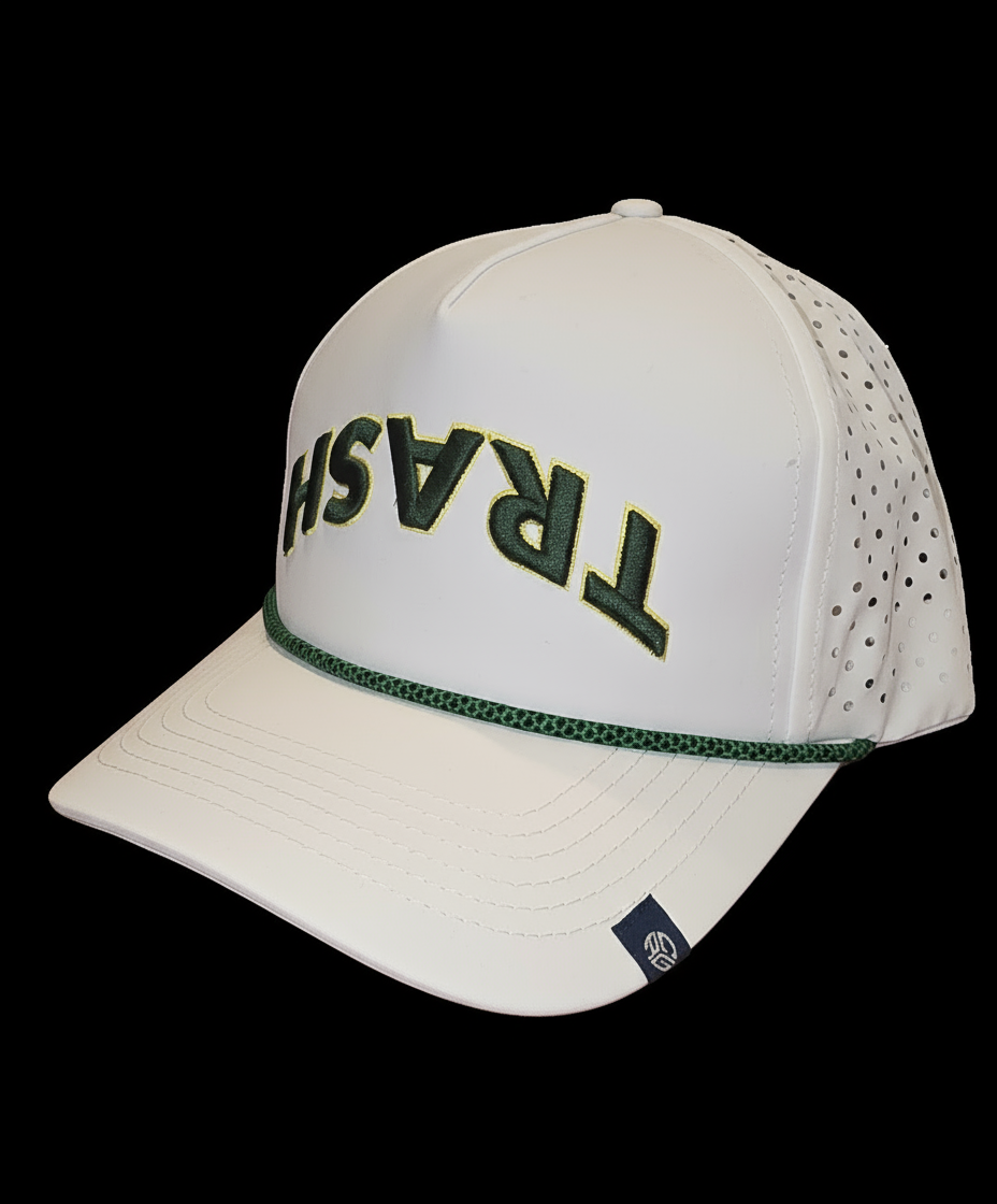 White cap with 'TRASH' text on a black background