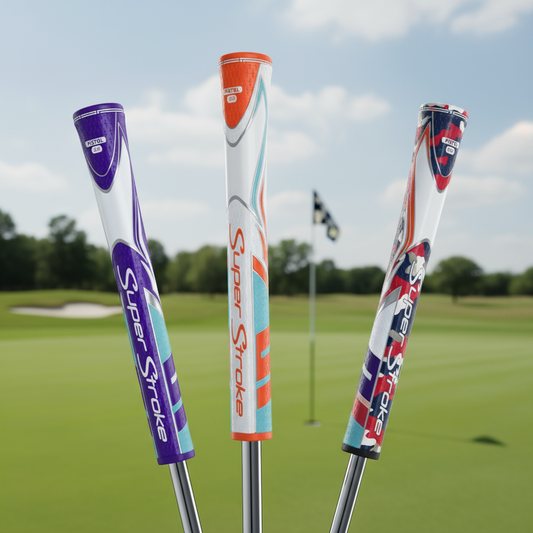 Three golf club shafts with colorful grips on a golf course background