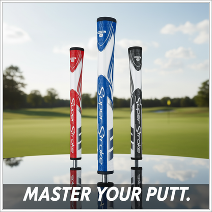 Three golf club grips with 'SuperStroke' branding on a reflective surface with a golf course background.