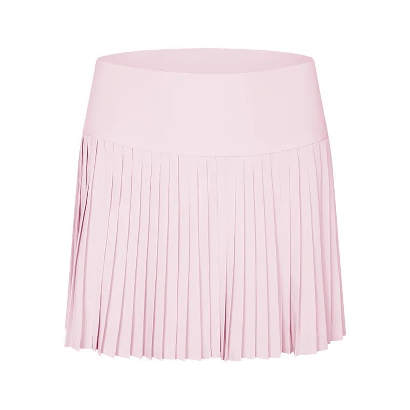 A pink pleated golf skirt with a stretch waistband.