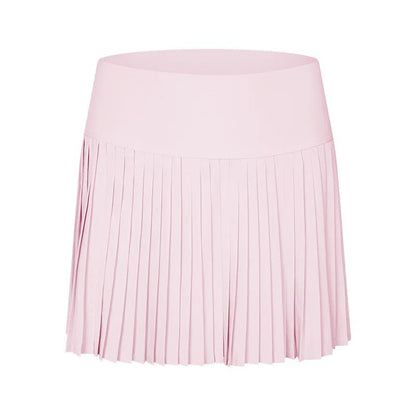 A pink pleated golf skirt with a stretch waistband.