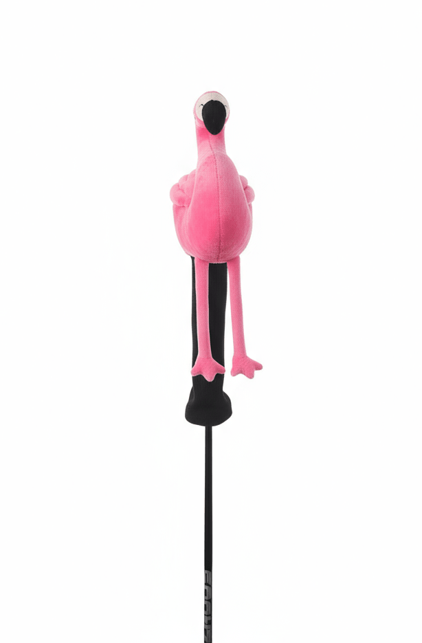 Pink flamingo toy on a stand against a white background