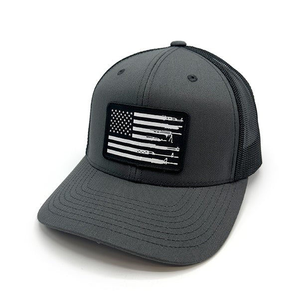 Firearm Flag Woven Patch Hat - Curved Bill Snapback Charcoal / Black - Club Rehab