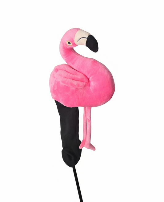 Pink flamingo toy on a stick against a white background