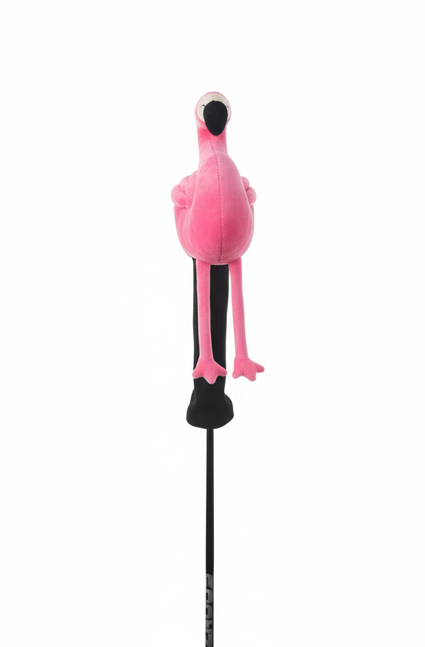 Pink flamingo toy on a stand against a white background