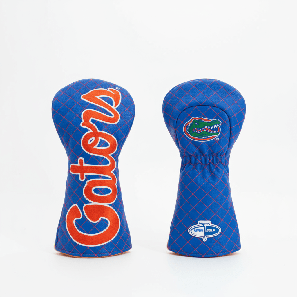 Two blue golf club head covers with 'Gators' and Florida Gators logos on a white background.