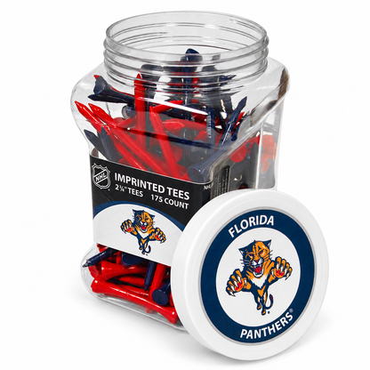 Florida Panthers jar containing 175 2¾-inch golf tees with its separate team-logo lid.