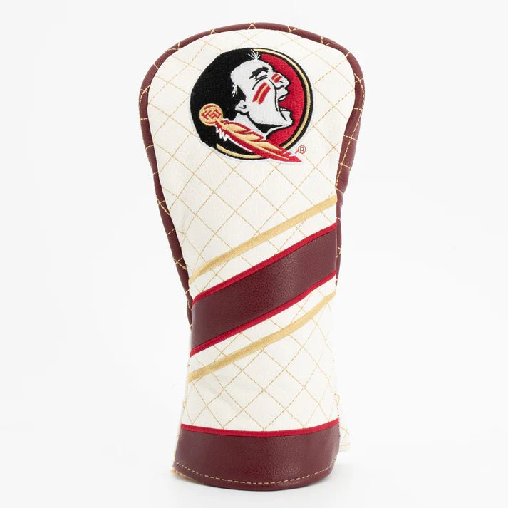 Golf club head cover with a logo on a white background