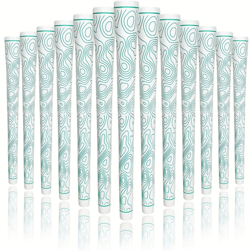 Thirteen white grips with green contour-line patterns