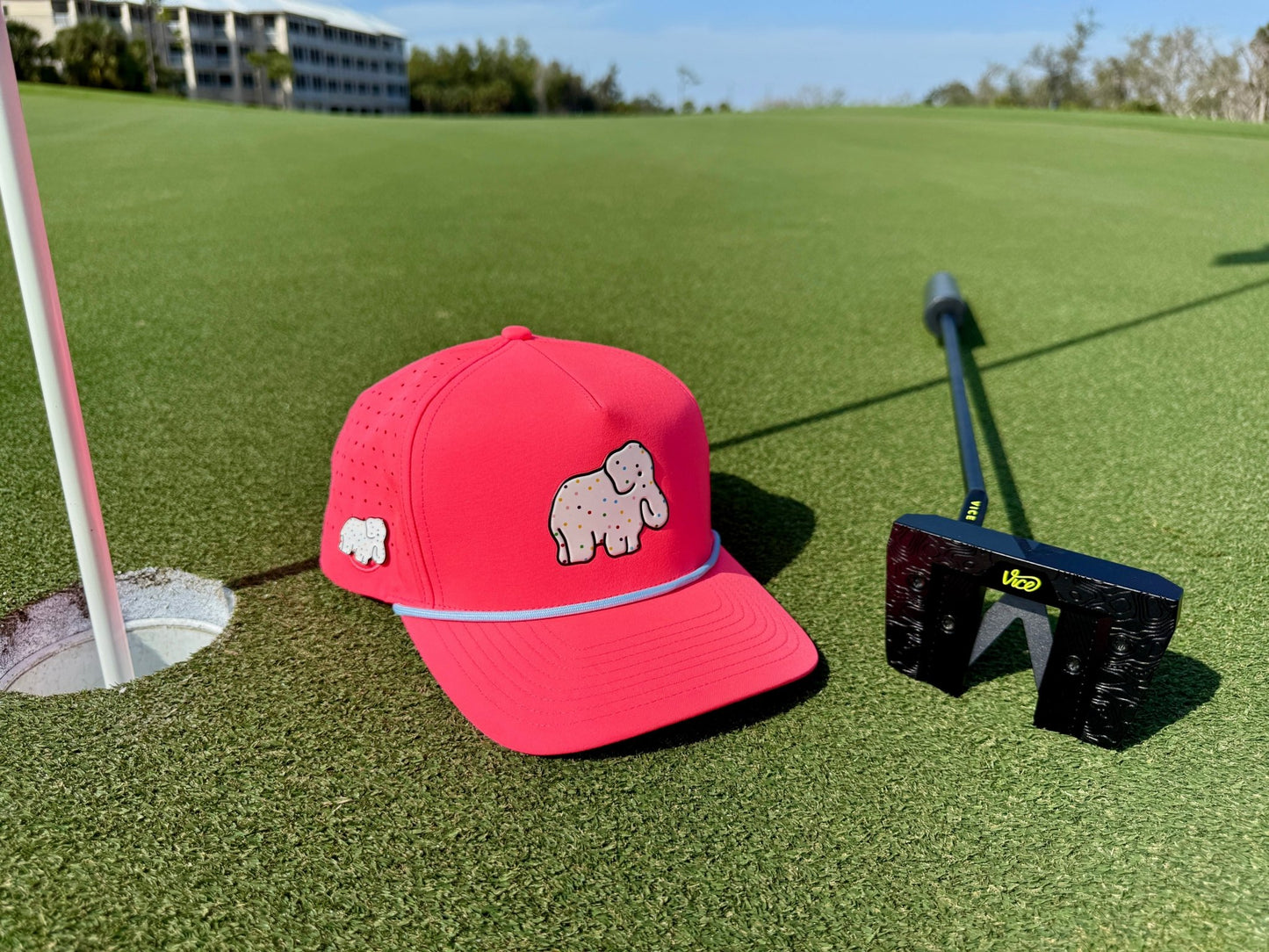 Frosted Elephant Golf Hat | Snapback Cap | Built-in Magnetic Ball Marker Holder + Marker Included | Adjustable | Elephant Cookie Pink - Club Rehab