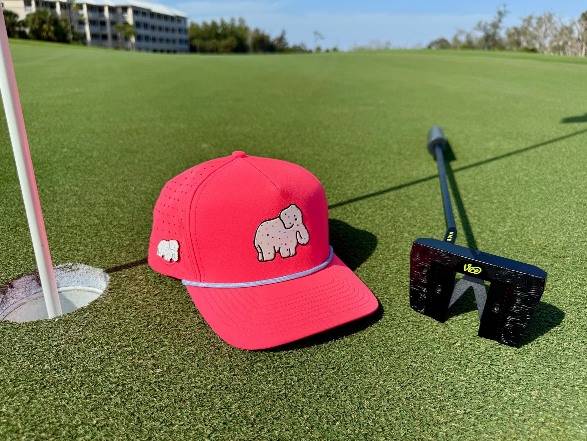 Frosted Elephant Golf Hat | Snapback Cap | Built-in Magnetic Ball Marker Holder + Marker Included | Adjustable | Elephant Cookie Pink - Club Rehab