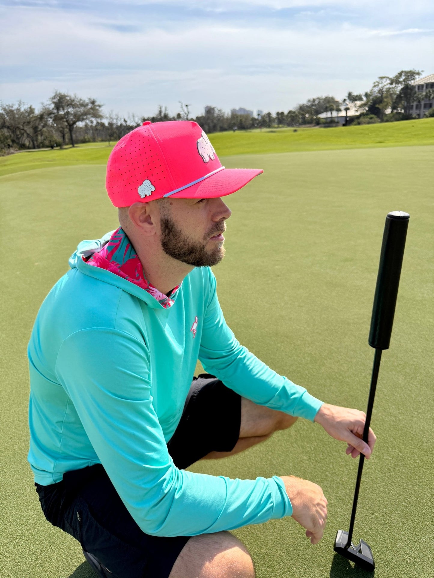 Frosted Elephant Golf Hat | Snapback Cap | Built-in Magnetic Ball Marker Holder + Marker Included | Adjustable | Elephant Cookie Pink - Club Rehab