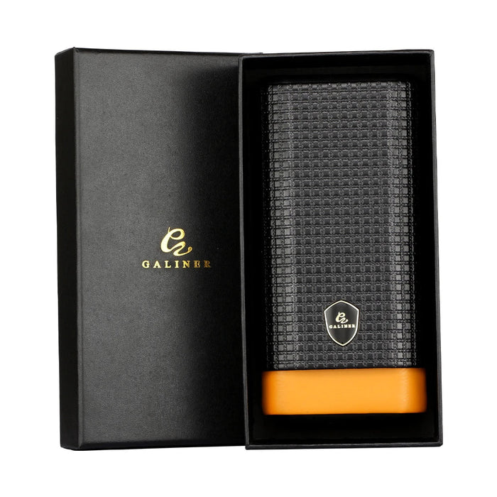 GALINER black grid leather 3-tube cigar case in premium gift box with yellow cedar interior