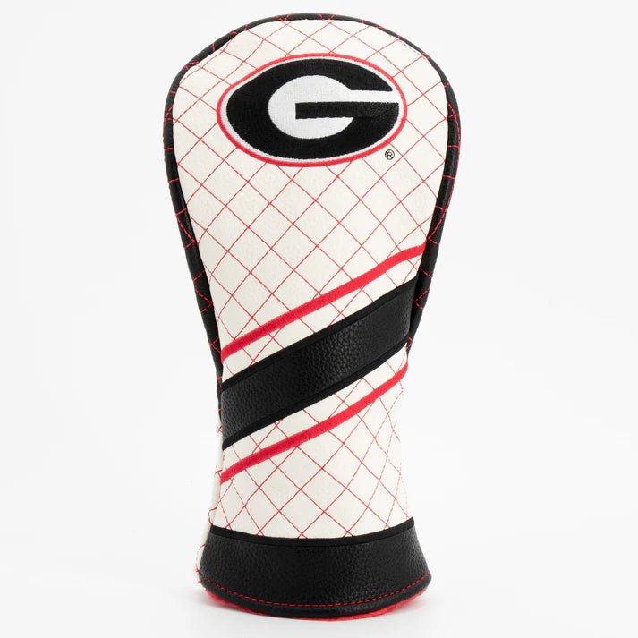 Golf club head cover with grid pattern and logo on a white background