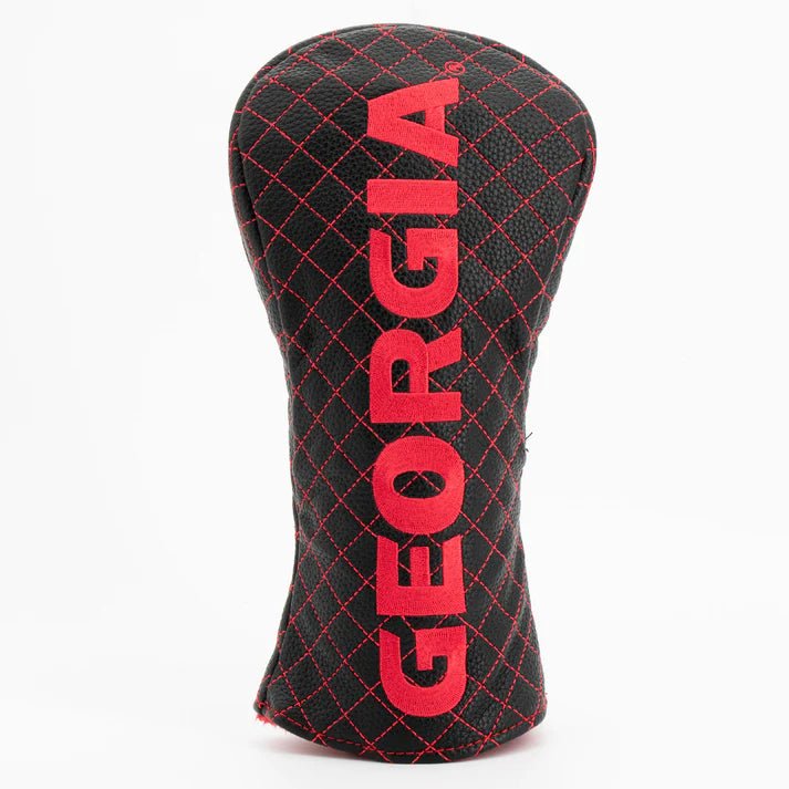 Black golf club head cover with red 'Georgia' text on a white background