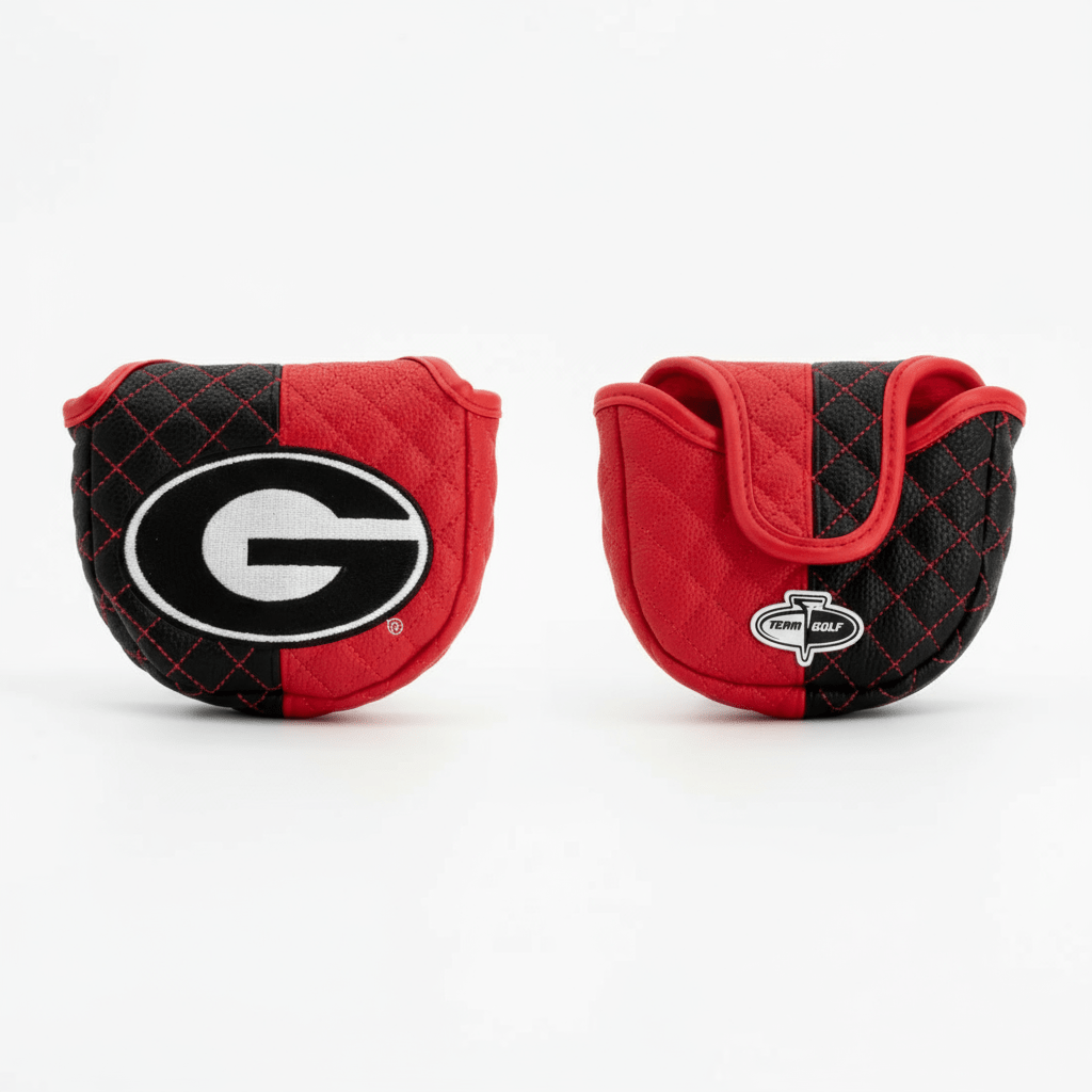 Two red and black golf club covers with logos on a white background