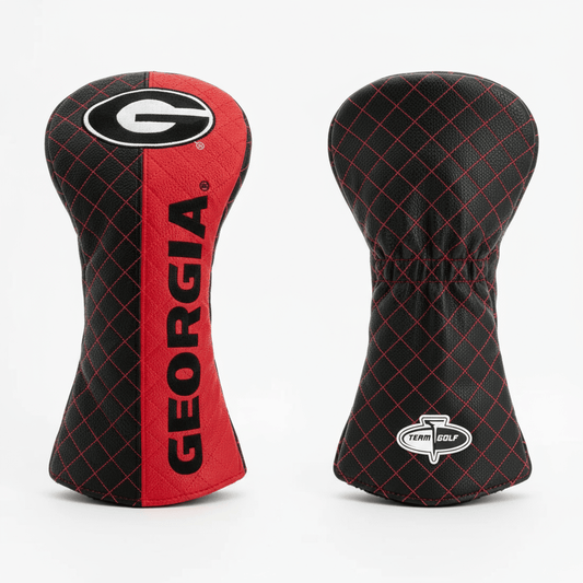 Two golf head covers, one red and black with 'Georgia' text, the other black with grid pattern and 'Team Golf' logo, on a white background.