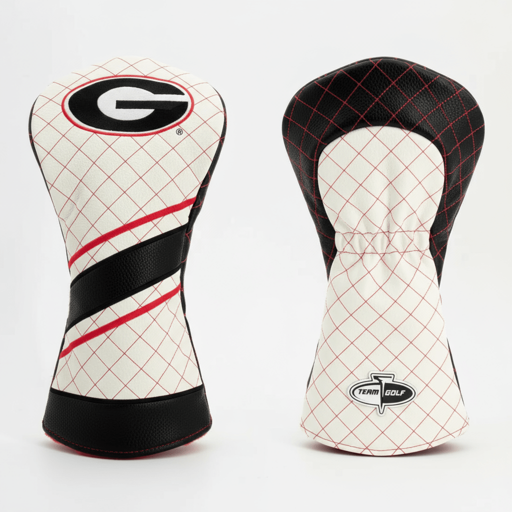 Two golf club head covers with a grid pattern and brand logos on a white background