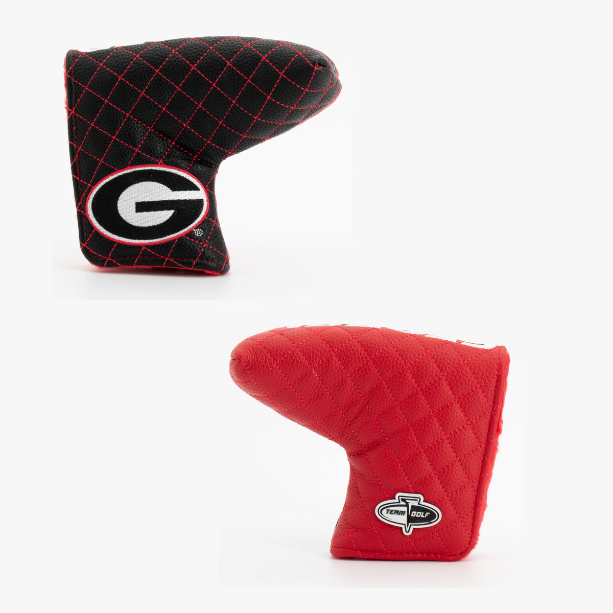 Georgia Bulldogs Split Quilted Blade Putter Cover, offset front and back views