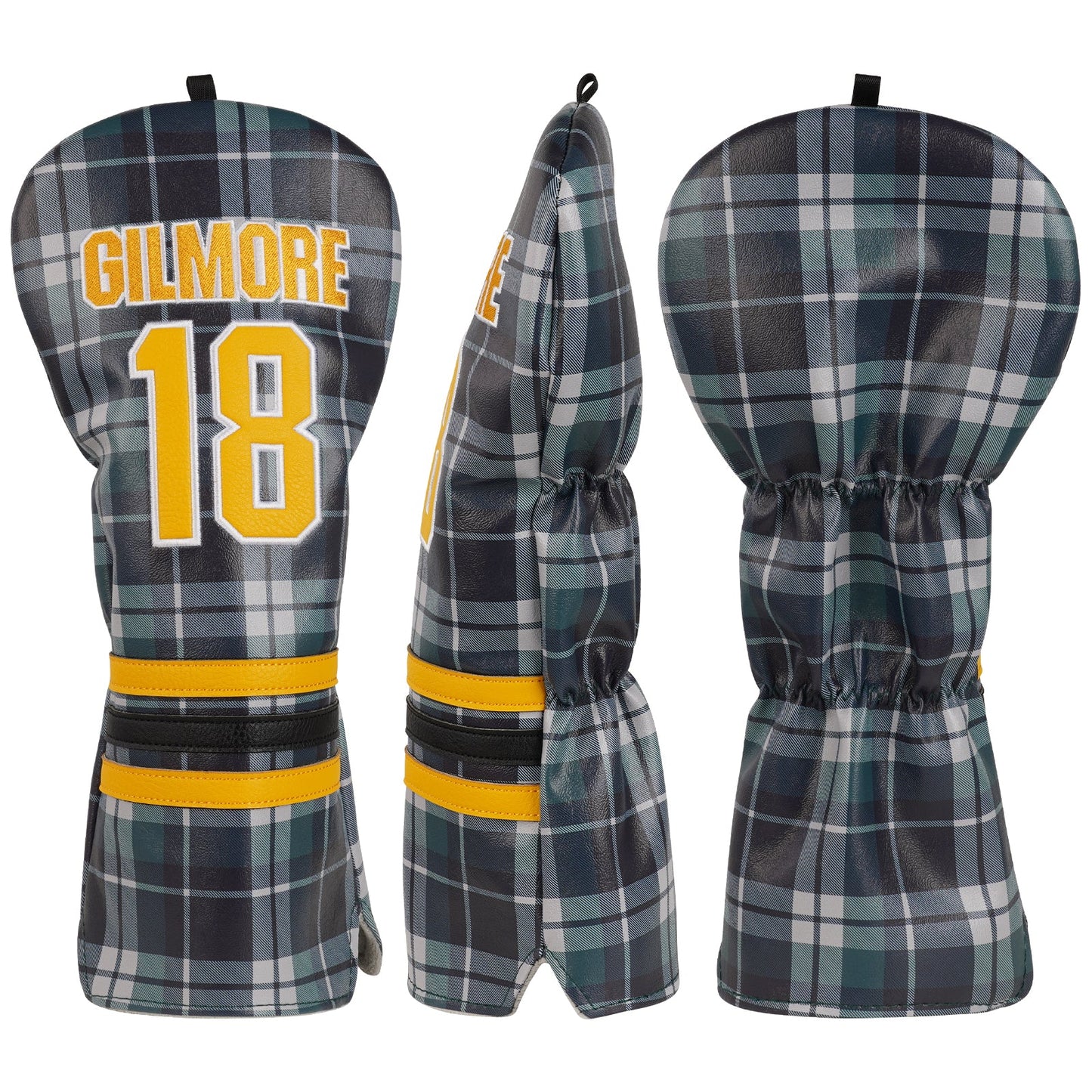 Plaid golf club covers with 'Gilmore' and number '18' on a white background