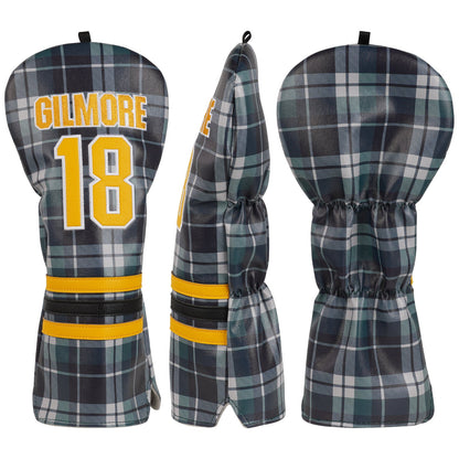 Plaid golf club covers with 'Gilmore' and number '18' on a white background