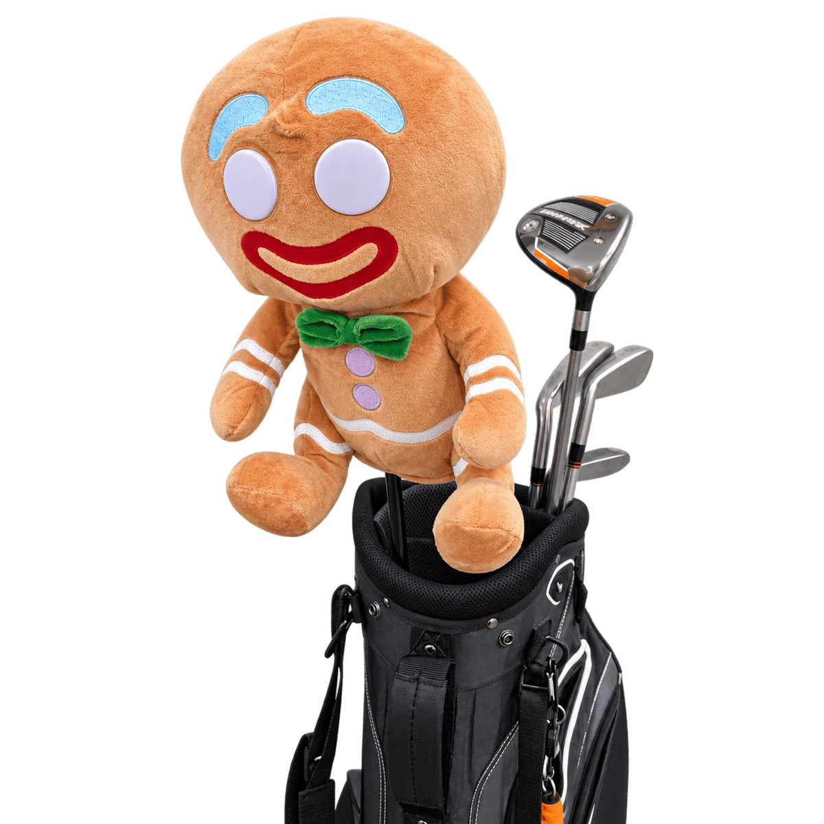 A plush gingerbread character golf club holder or stand with a golf bag and several golf clubs, shown on a plain white studio background.