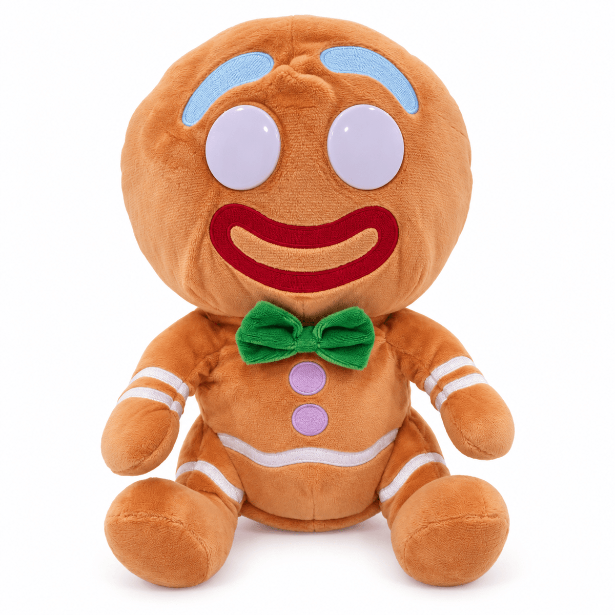 A plush gingerbread person toy with a round head, large white eyes, a red embroidered smile, light blue eyebrows, a green bow tie, and white stripe details on a plain white background.