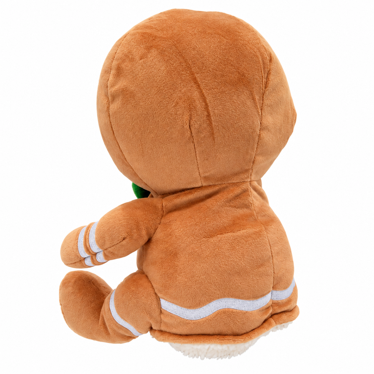 A plush toy shaped like a gingerbread person, shown from the back on a solid white background.