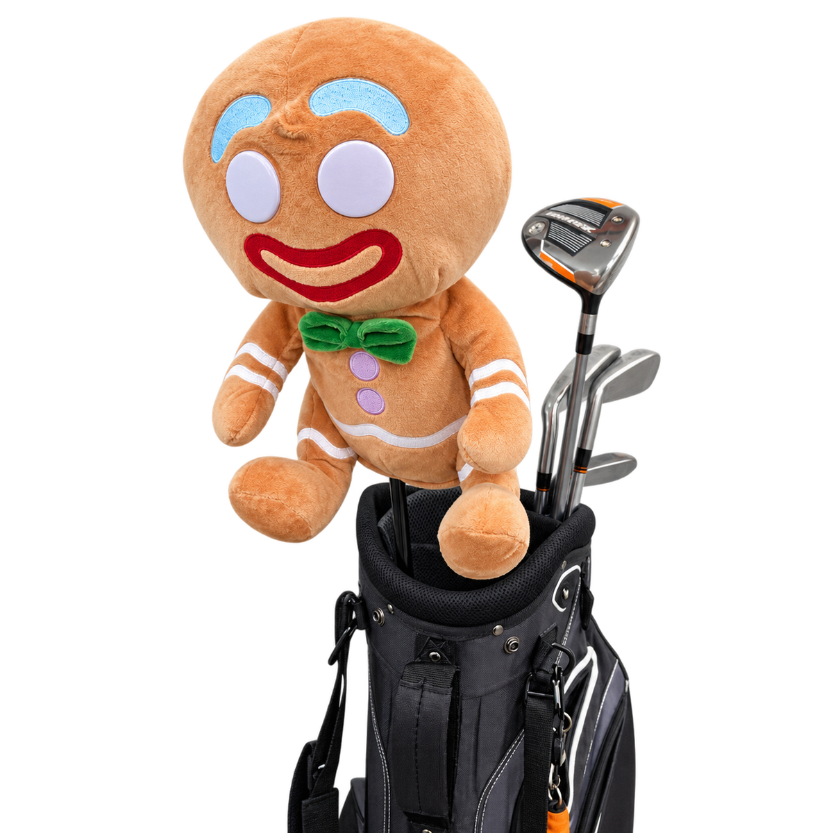 A plush gingerbread character golf club holder or stand with a golf bag and several golf clubs, shown on a plain white studio background.