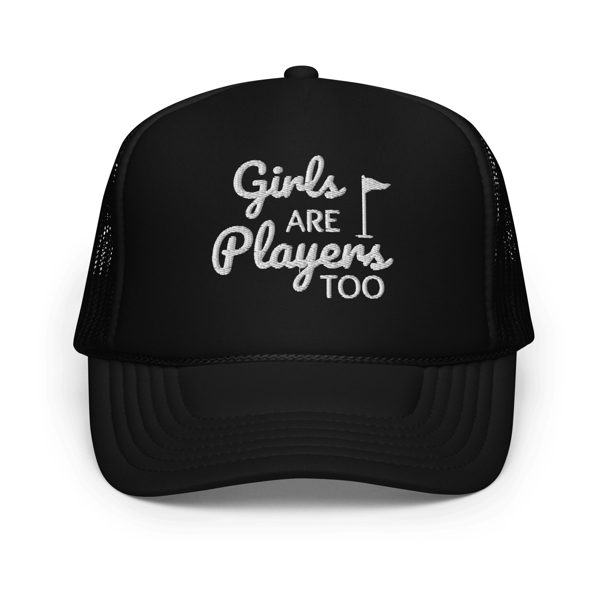 Girls Are Players, Too Embroidered Trucker Hat - Black - Club Rehab